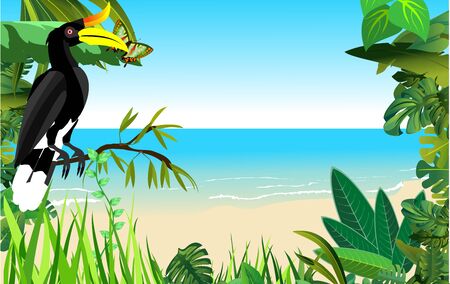 Seaside beach with tropical plants. Jungle animals and birds  floral frame on seaside landscape. Vector .のイラスト素材