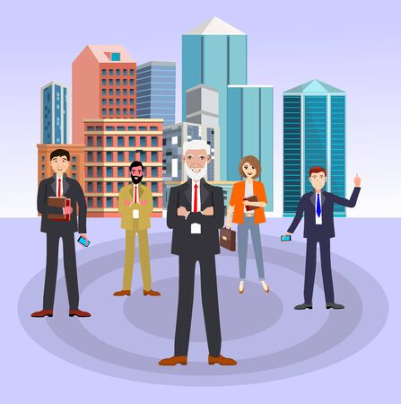 Vector business illustration, business team together in front of city buildings,  business projectのイラスト素材
