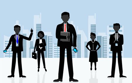 City and busenessmen silhouettes standing in front of city buildings,  illustration on white blue background. Teamwork vectorのイラスト素材