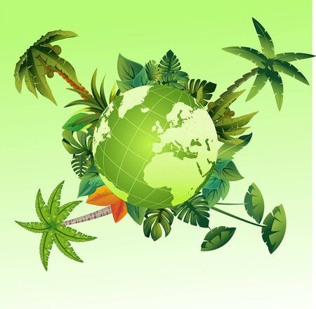 Eco green globe on tropical forest, ecology and wildlife theme vector concept illustrationのイラスト素材