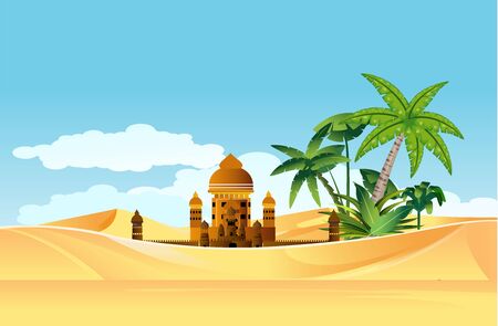 Oasis in the desert , buildings and palm trees in sand dunes, vector landscapeのイラスト素材