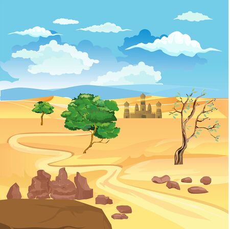 Ancient muslim fortress in the desert , vector landscapeのイラスト素材