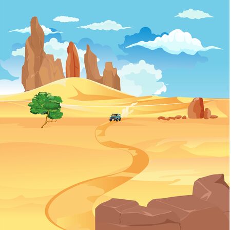 Car driving in desert road vector landscapeのイラスト素材