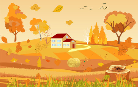 Golden autumn landscape, tomb, countryside view, natural landscape vectorのイラスト素材