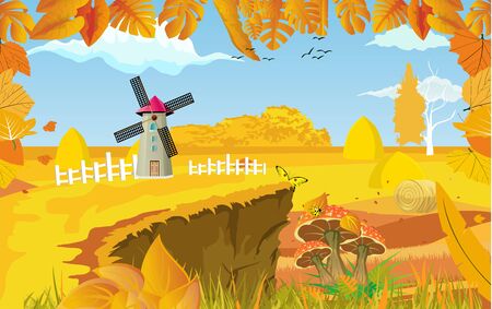 landscapes of Countryside in autumn. windmill in scene, mid autumn with field, grass, forests,  and leaves falling from trees in yellow foliage. Pretty landscape in fall season.のイラスト素材
