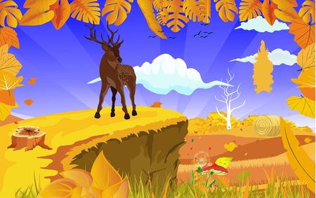 landscapes of Countryside in autumn. Deer in wildlife scene, mid autumn with field, grass, forests,  and leaves falling from trees in yellow foliage. Pretty landscape in fall season.のイラスト素材