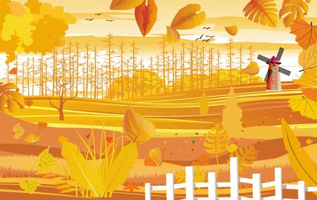 landscapes of Countryside in autumn. windmill in scene, mid autumn with field, grass, forests,  and leaves falling from trees in yellow foliage. Pretty landscape in fall season.のイラスト素材
