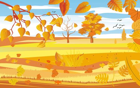 landscapes of Countryside in autumn. mid autumn with field, blue sky, forests, grass and leaves falling from trees in yellow foliage. Pretty landscape in fall season.のイラスト素材