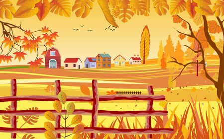 landscapes of Countryside in autumn. mid autumn with field, farm houses, grass, fence and leaves falling from trees in yellow foliage. Pretty landscape in fall season.のイラスト素材