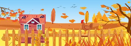 Panoramic landscapes of Countryside in autumn. mid autumn with field, blue sky, farm houses, grass and leaves falling from trees in yellow foliage. Pretty landscape in fall season.のイラスト素材
