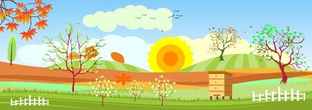 Panoramic Countryside landscape in spring, farm with fence, green hills blowing trees, vector illustrationのイラスト素材