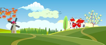 Panoramic of Countryside landscape in spring, illustration of horizontal banner in autumn green and yellow hills, farm house, leaves falling from trees.のイラスト素材