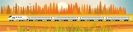 Flat vector illustration of countryside landscape golden forest view, train driving near the forest , in background. Banner horizontal panorama.のイラスト素材