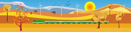 Flat vector illustration of countryside landscape golden hills view, train driving near the mountains ,in background. Banner horizontal panorama.のイラスト素材