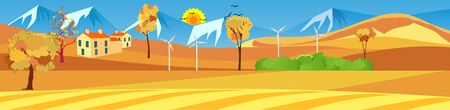 Flat vector illustration of countryside landscape golden hills view, the mountains ,in background. Banner horizontal panorama.のイラスト素材