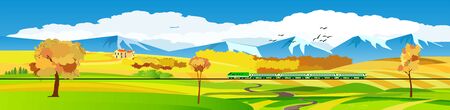 Flat vector illustration of countryside landscape golden hills view, the mountains ,in background. Banner horizontal panorama.のイラスト素材