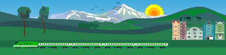Train on railway with hills and mountains in background.  vector illustration.のイラスト素材