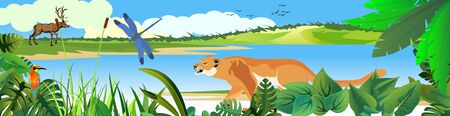 vector rainforest jungle scene with differend animalsのイラスト素材