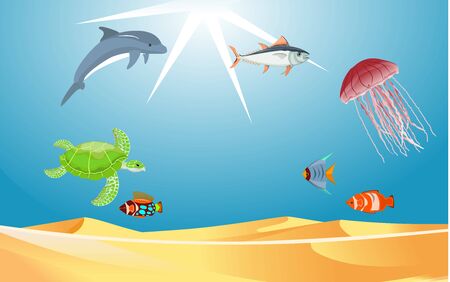 underwater world illustration vector. fish, turtles, jellyfish and coral reefs are beautiful and colorfulのイラスト素材