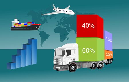 Global logistics concept, 3d vector truck wagon, cargo boxes, vector illustrationのイラスト素材