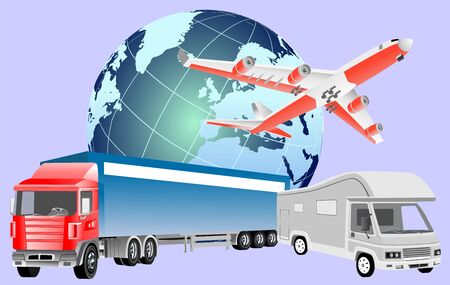 logistics  business concept with delivery transport vehicles and globe in backgroundのイラスト素材
