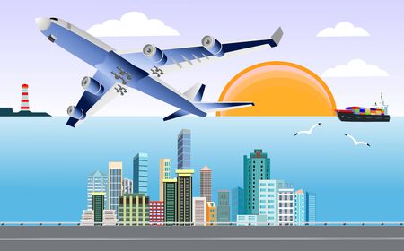Flying airplane in the sky above the city, delivery concept. Vector Illustrationのイラスト素材