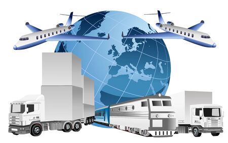 Global logistics concept, 3d vector trucks, ship, train, vector illustrationのイラスト素材