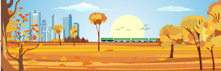 Vector illustration of Countryside landscape in autumn, train on railway, forest trees, falling...