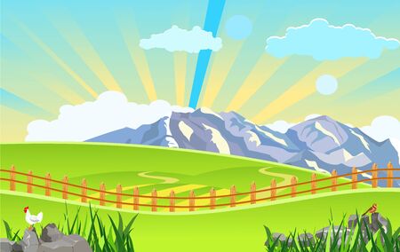 Vector illustration of Countryside landscape in summer ,mountains and green hills . vector concept.のイラスト素材