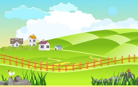 Vector illustration of Countryside landscape in summer ,farm houses, wood fence on the hills . vector concept.のイラスト素材