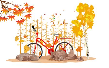 Yellow colorfull autumn background with leaves and a bicycle. Vector conceptのイラスト素材