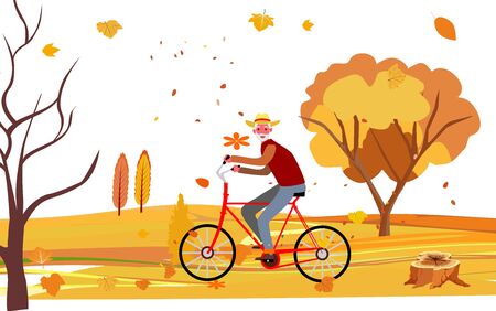 Yellow colorfull autumn background with leaves and a cyclist riding on the road. Vector conceptのイラスト素材
