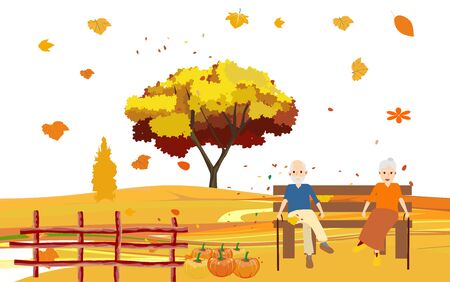 Yellow colorfull autumn background with leaves and a two old people sitting in on the bench in the garden. Vector conceptのイラスト素材