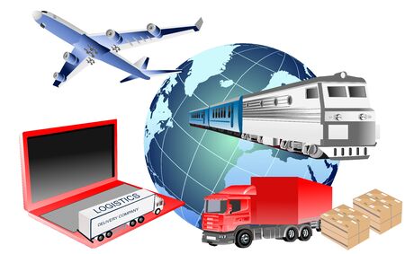 Global logistics isometric vector illustration air cargo, trucks transportation maritime shipping  delivery Vehiclesのイラスト素材