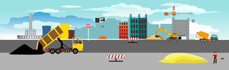 Road repair service , road repair process, road with machines and workers, vector panoramicのイラスト素材