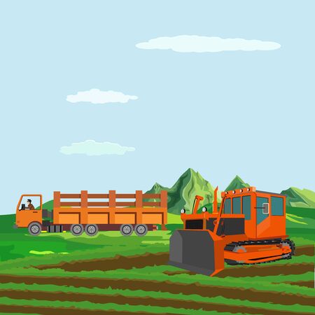 Bulldozer and truck on the farm green fieldのイラスト素材
