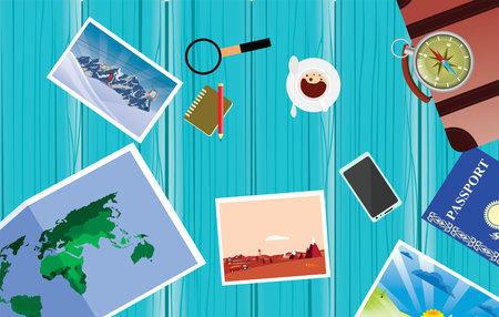 Flat vector  set of travel on the , vacation theme, planning. Preparing for journey. Objects on...