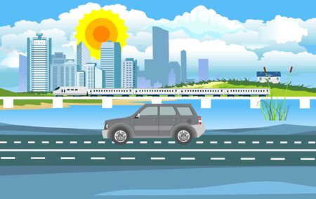 Car drives on the road, train in the railroad, countryside landscapeのイラスト素材