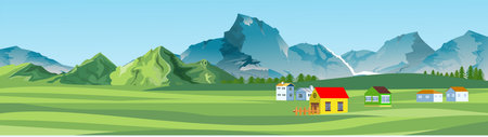 Horizontal banner vector illustration of countryside, green hills, mountains, houses, village, farmlandのイラスト素材