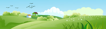 Horizontal banner vector illustration of countryside, green hills, housesのイラスト素材