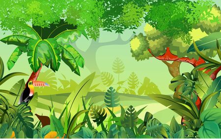 Jungle vector illustration toucan, trees, grass.のイラスト素材
