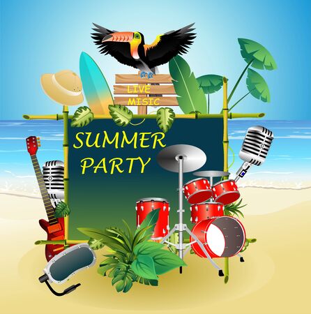 Tropical beach, summer party on ocean coast, guitar, microphone, drum, toucan, jaguar vectorのイラスト素材