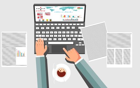 Businessman sitting with laptop at the desk and working, hands typing on the laptop. Vector illustration top view of people workのイラスト素材
