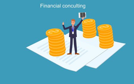 Finance consulting concept illustration, man and coins isometric image vectorのイラスト素材