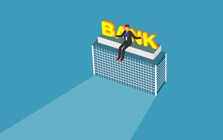 Conceptual image of bank system man sits on building, vector isometricのイラスト素材