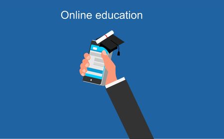 Concept Flat vector illustration of online education hands with mobil phone, isolated vector for education,. vector conceptsのイラスト素材
