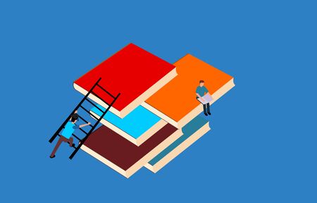 Isometric vector illustration of Students sitts on the books pile, design templates for staff education, consulting, college, and other. vector concepts for website and mobile website development.のイラスト素材