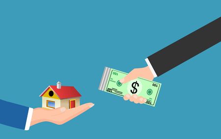 real estate cash transaction, hands with money and house vector.のイラスト素材