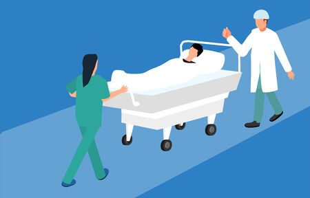 Doctor and medical sister transporting a patient on the garney, vector medical conceptのイラスト素材