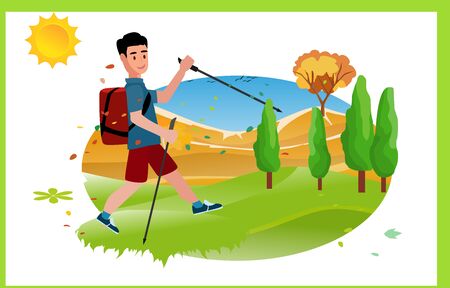 Concept travel illustration, traveling man in countryside eco tourism, traveling and hiking activity vectorのイラスト素材